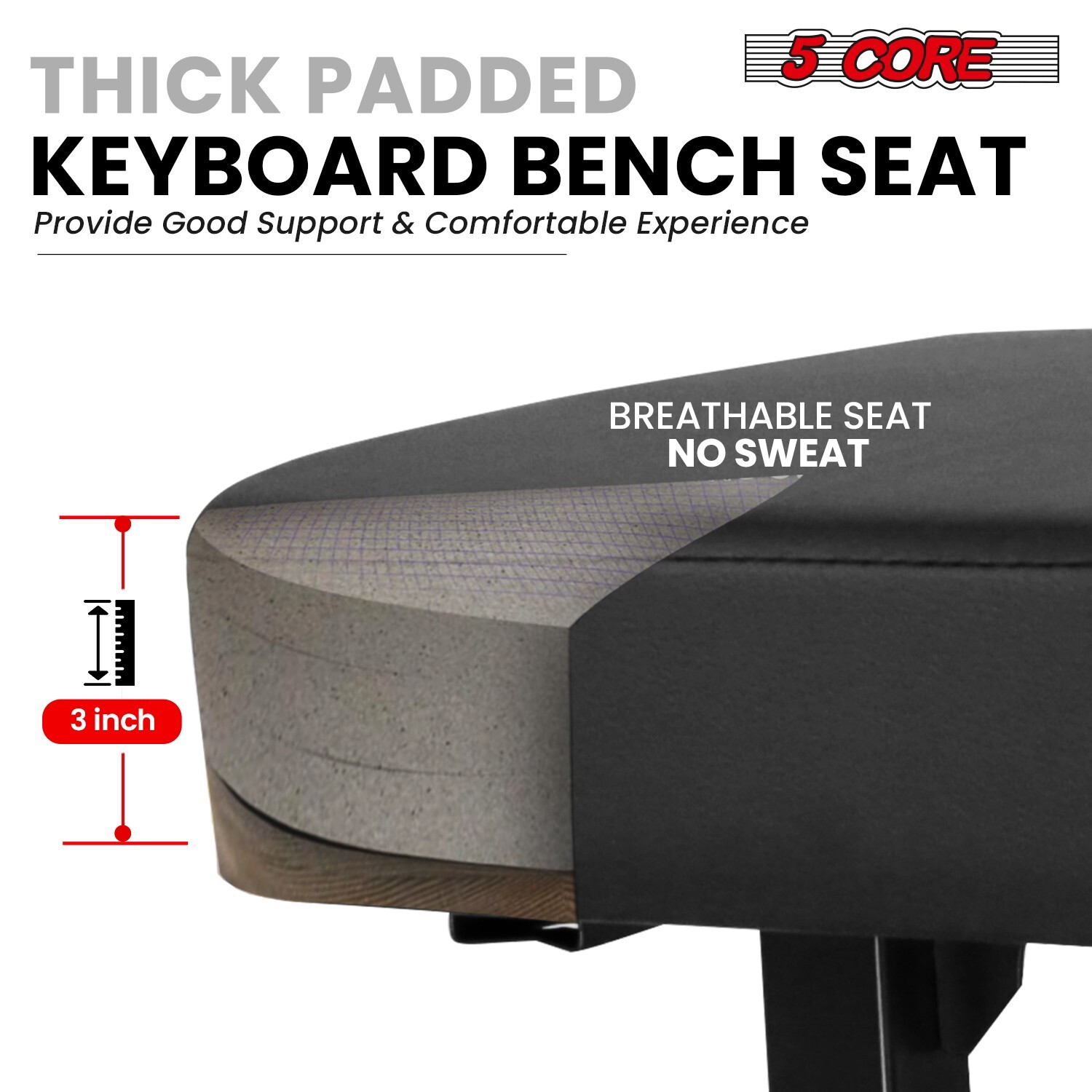 5Core Piano Bench 3" Padded Cushion Adjustable Keyboard Stool Musician Chair