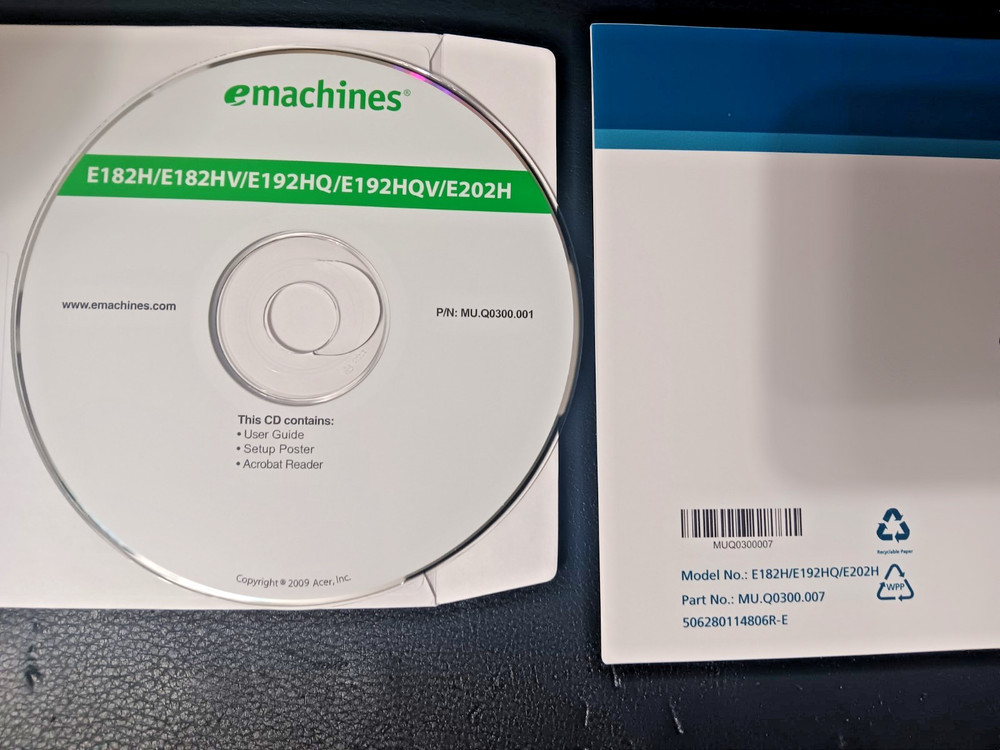 eMachines Quick Guide Manual 2009 w/ CD ROM & Doc. Package E182H / 192HQ / E202H