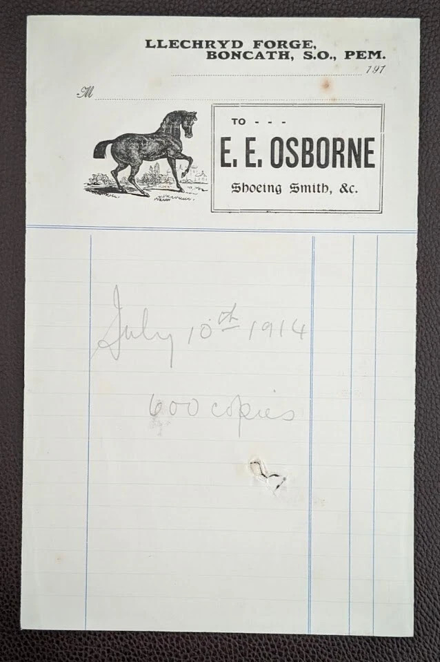 1914 E.E. Osborne Llechrhyd Forge Boncath Shoeing Smith Invoice