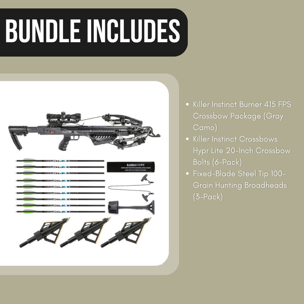 Killer Instinct Burner 415 FPS Crossbow Package (Gray Camo) Basic Bundle