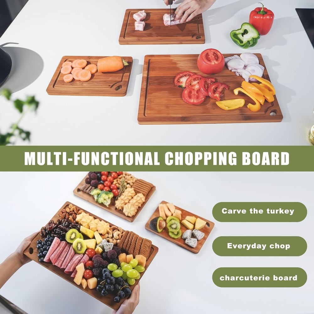 3-Piece Organic Bamboo Cutting Board Set Kitchen Carbonized Extra Sturdy