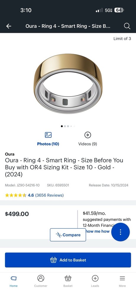 Oura Ring 4 Smart Ring Size 10 Black Bluetooth Activity Tracker Heart Rate