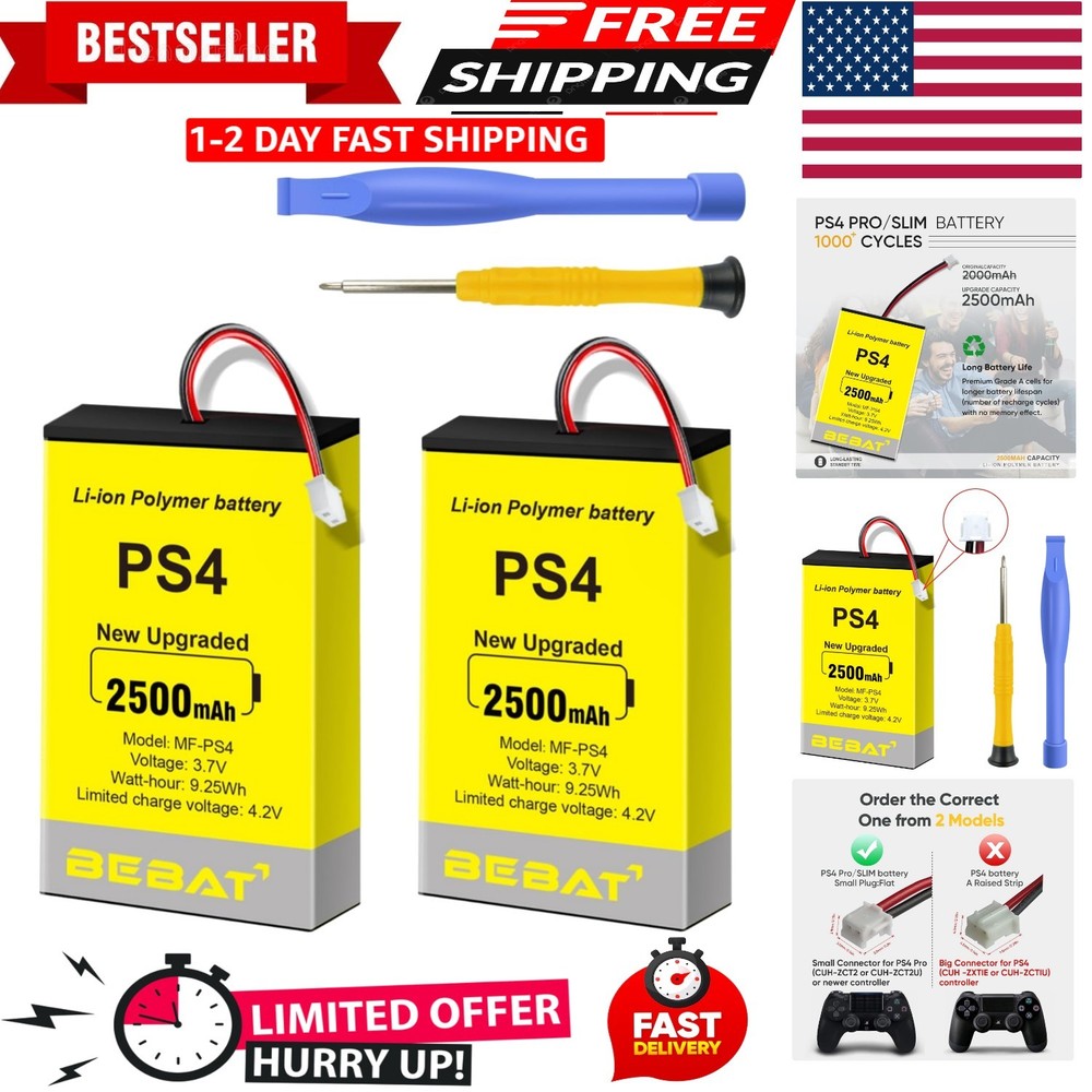 2pcs PS4 Controller Battery,2500mAh Replacement for PS4 Pro Slim Controller 2...