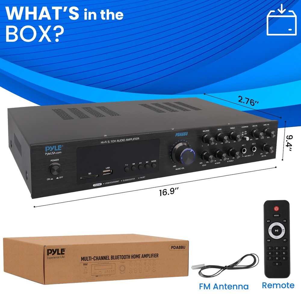 Pyle 5 Channel Audio Amplifier Built-in Bluetooth Wireless Audio Streaming