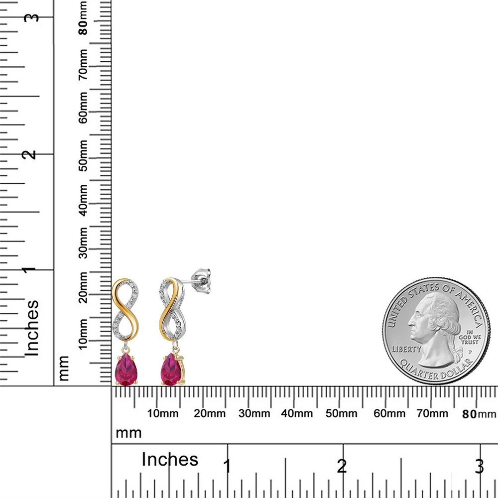 925 Silver and 10K Yellow Gold Created Ruby and Lab Grown Diamond Dangle