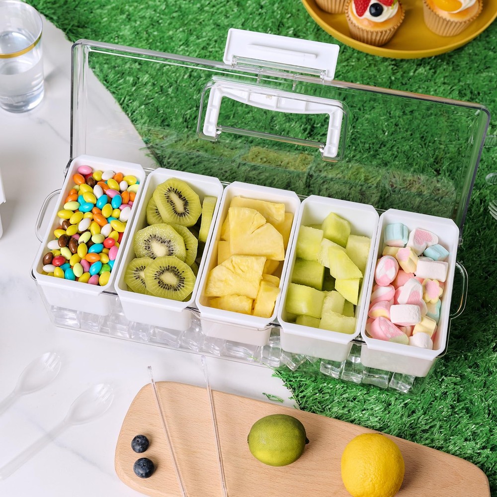 Luckore Chilled Condiment Caddy Server with 5 Removable 1 Pack, Clear, White