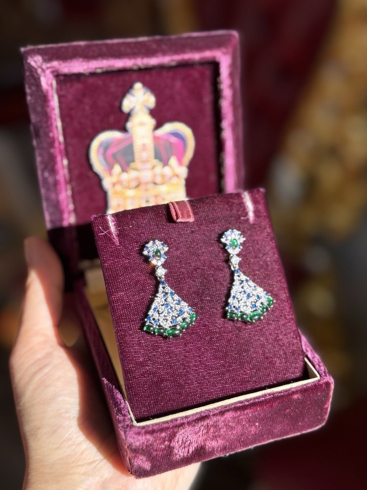 Mesmerizing Dancing Jade Dangle Drop Genuine Emerald Sapphire Earrings