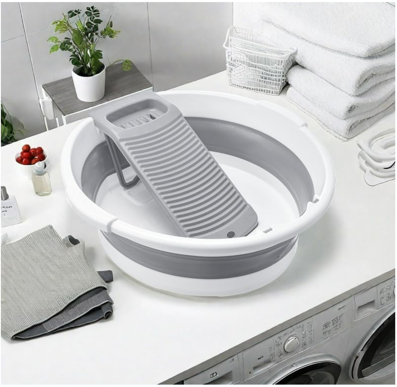 Collapsible Washboard Basin for Clothes, Portable Foldable Laundry Tub (Gray)