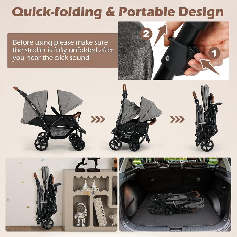 Compact Double Stroller with Adjustable Canopy, Harness & Storage Basket