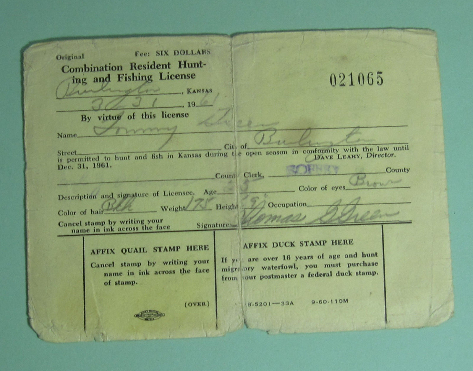 1961 Kansas Resident Combination Hunting & Fishing License Tag...Free Shipping!