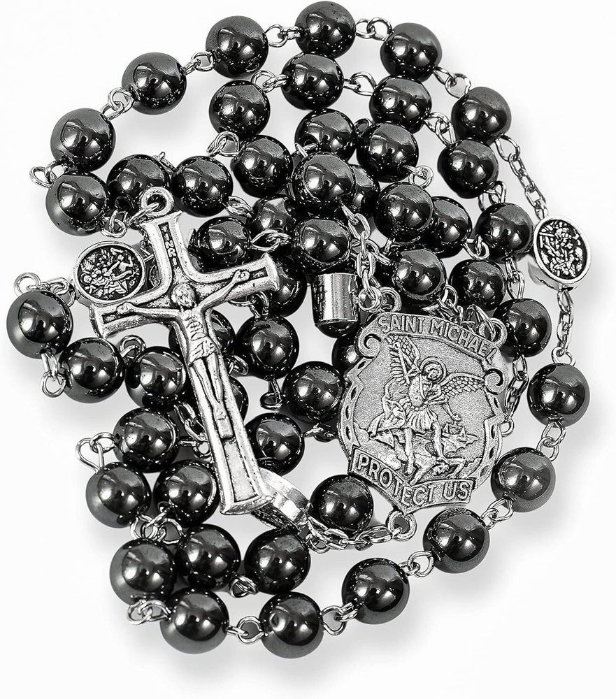 Hematite Black Stone Beads Rosary Necklace with St Michael Centerpiece, Crucifix