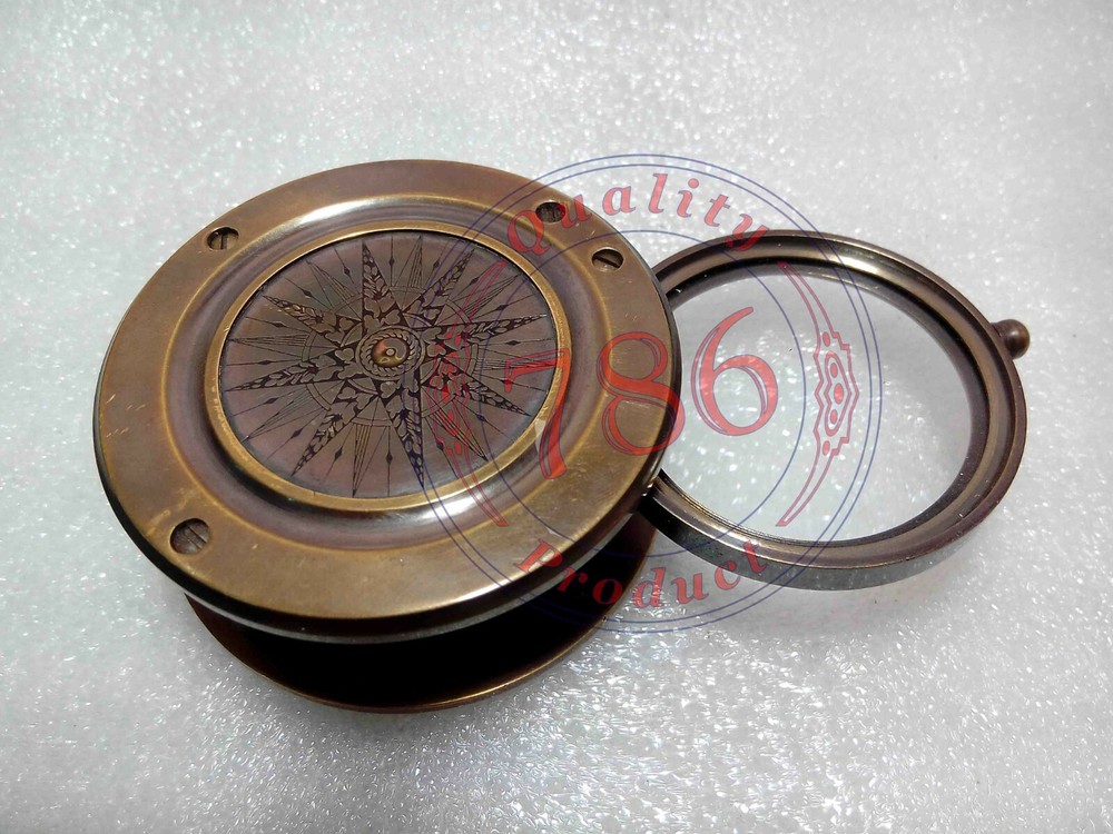 ANTIQUE HEAVY FOLDING MAGNIFYING GLASS MAP COMPASS WITH LEATHER CASE