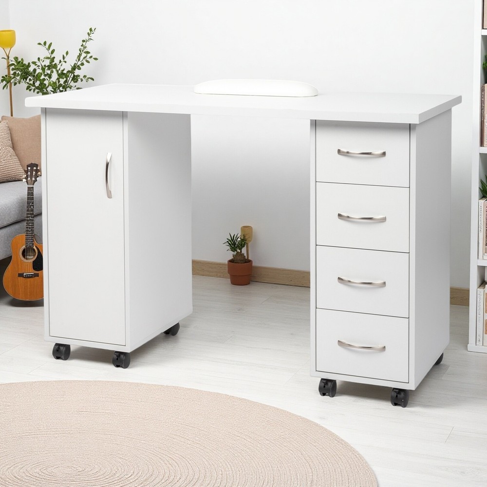 Rolling Computer Desk - White, 4-Drawer, Shelves Storage & MDF ​Nail Table​
