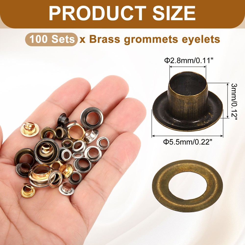100 Sets Grommets Eyelets, 2.8mm Brass Self Backing Eyelets, Bronze