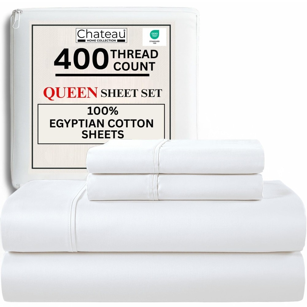 Egyptian Cotton Sheets Queen Size, 400 Thread Count Deep Pocket Bed Set – Sof...