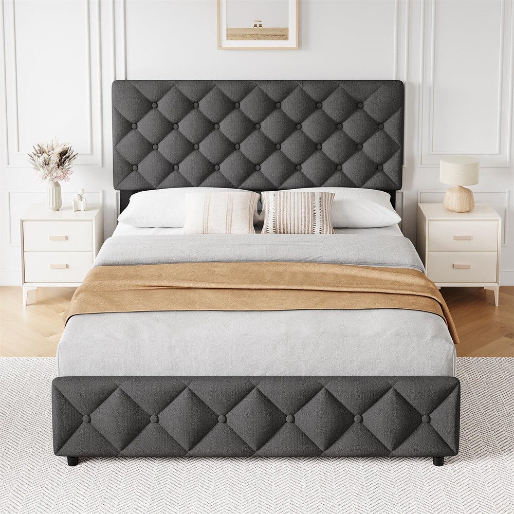 FULL Size Bed Frame with 4 Storage Drawers and Headboard Upholstered Platform