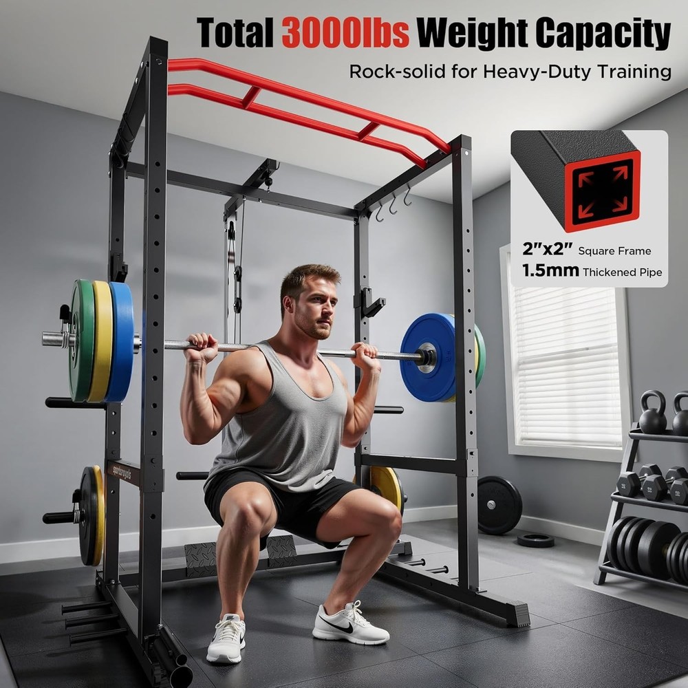 Squat Rack, LAT Power Cage, Power Rack Multi-Function with Pulley System and Tra