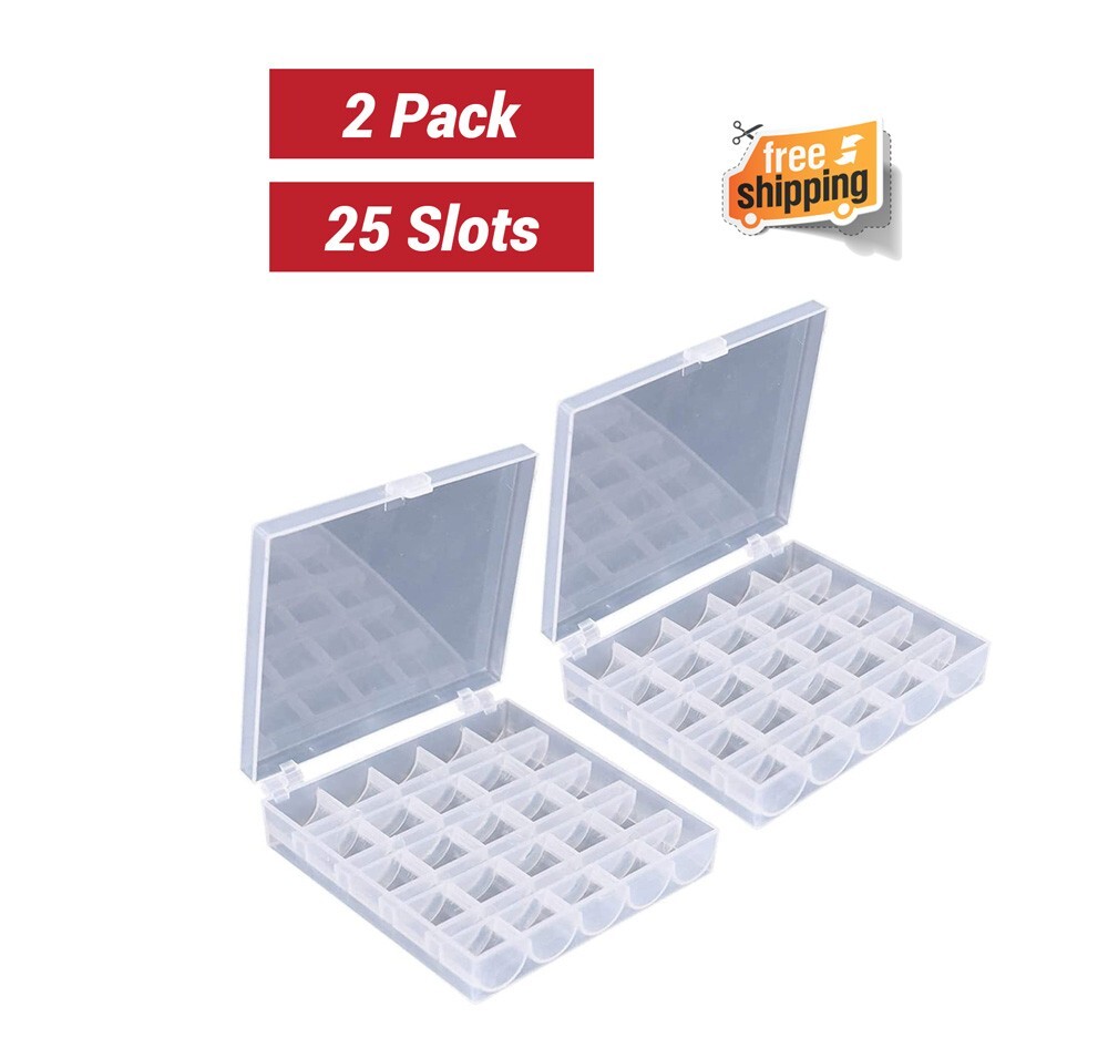 2 Pack 25 Slots Empty Bobbins Spools Box, Sewing Craft Plastic Case Storage Box