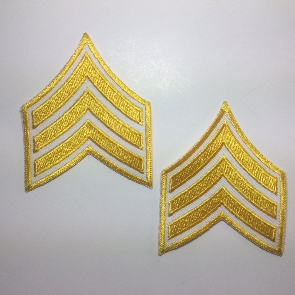 (2) Sergeant Chevron - 3 YELLOW Stripes on WHITE Patch (Yellow Border)