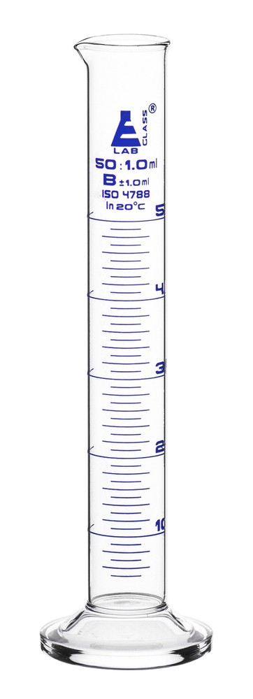 Eisco Labs 50ml Graduated Cylinder, Class B - Blue Graduations, Round Base