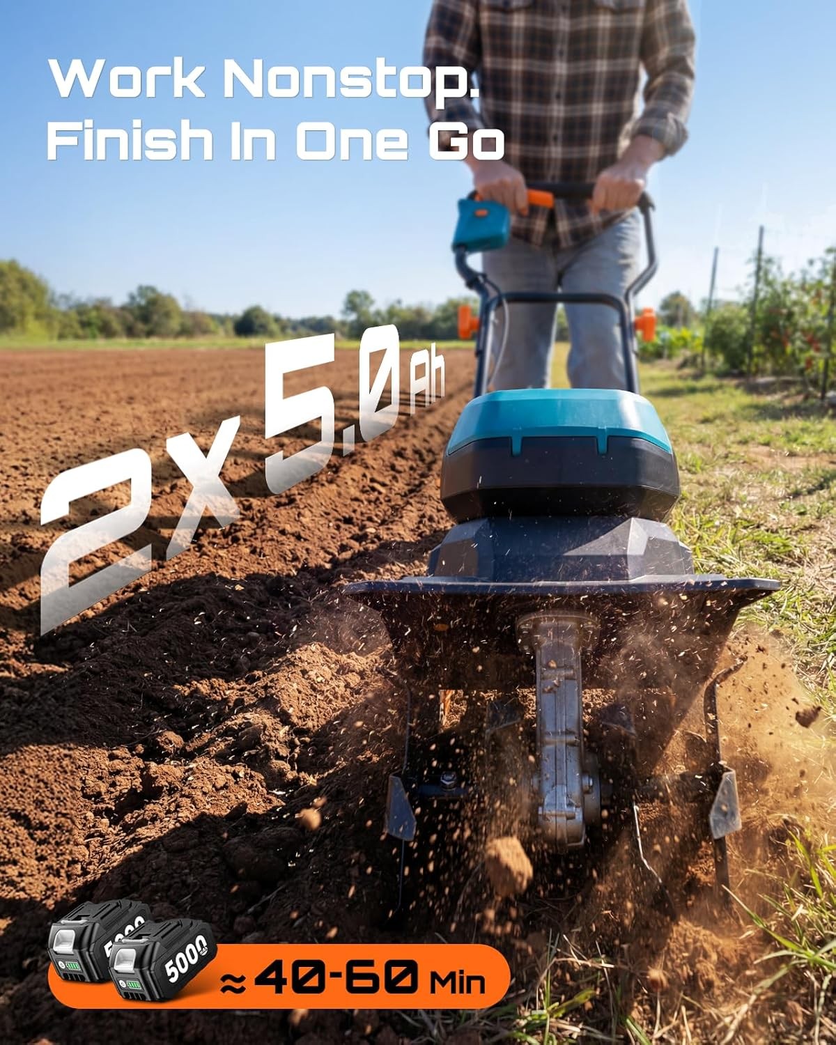 Seesii 40V Electric Tiller Cultivator 2×5.0Ah Battery Cordless Soil Rototiller