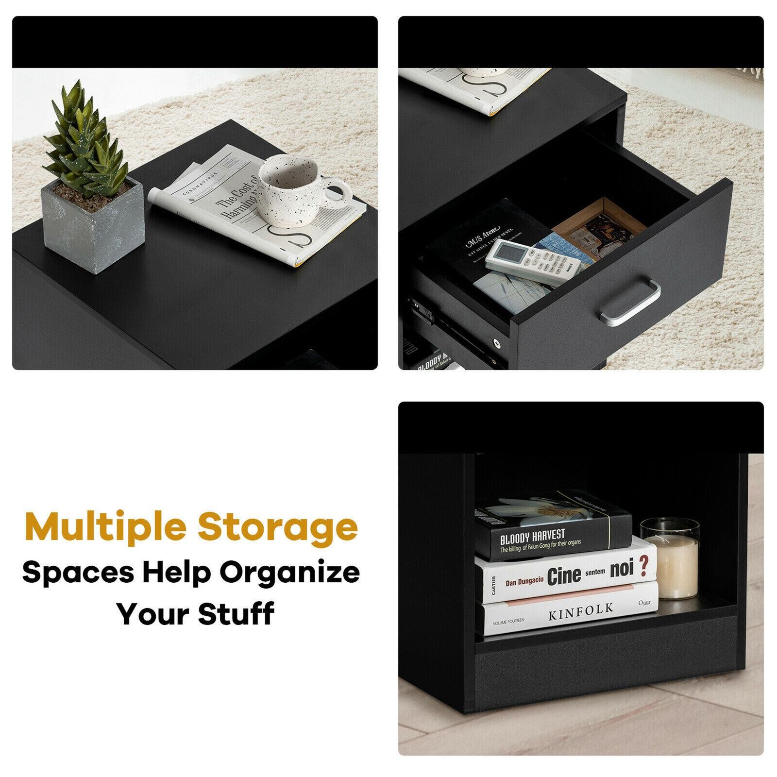 Set of 2 Bedroom Bedside Table Nightstand End Side With Drawer and Open Shelf