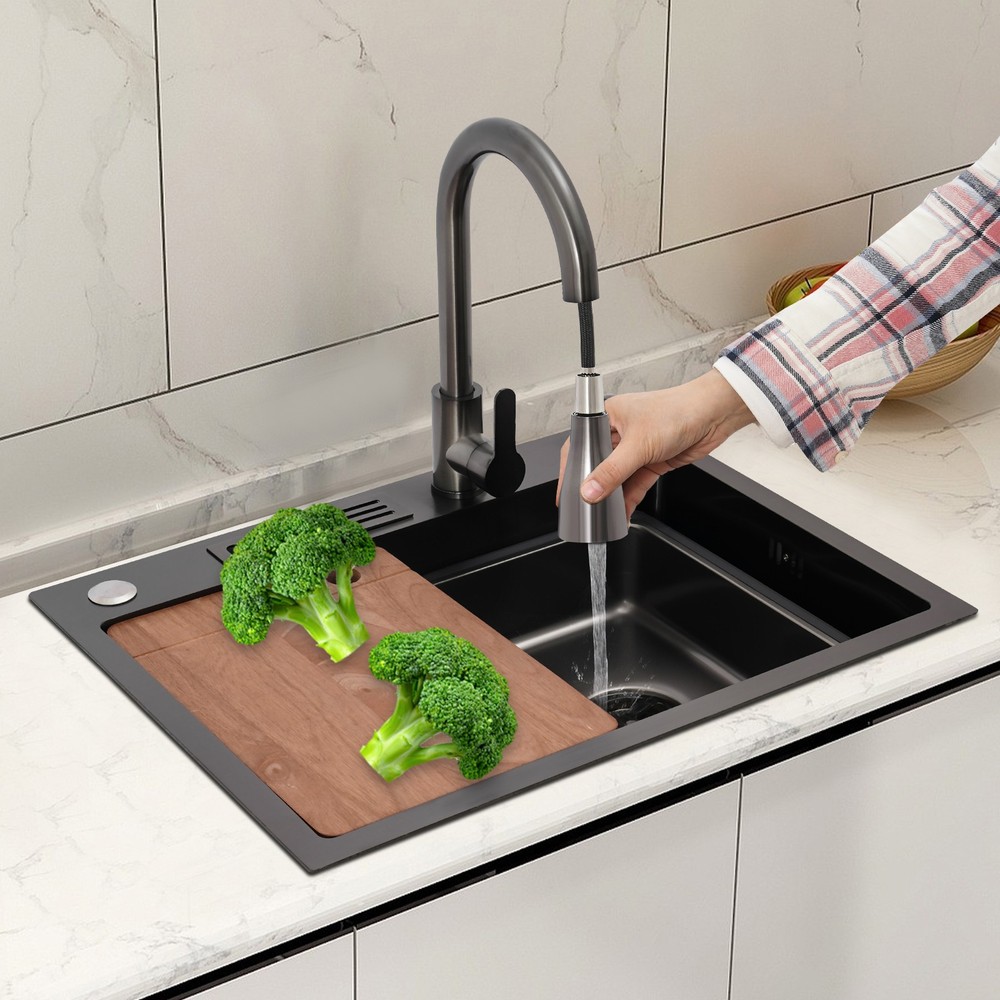 Kitchen Sink Stainless Steel Multifunctional Rectangular Sink w/ Pull-out Faucet