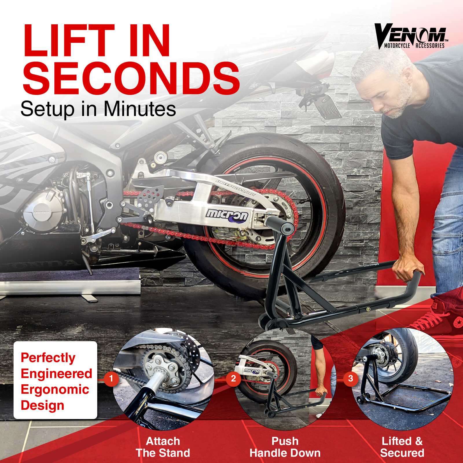 Venom Single-sided Motorcycle Stand Lift, Swingarm Rear Stand with 28.4 mm Pin