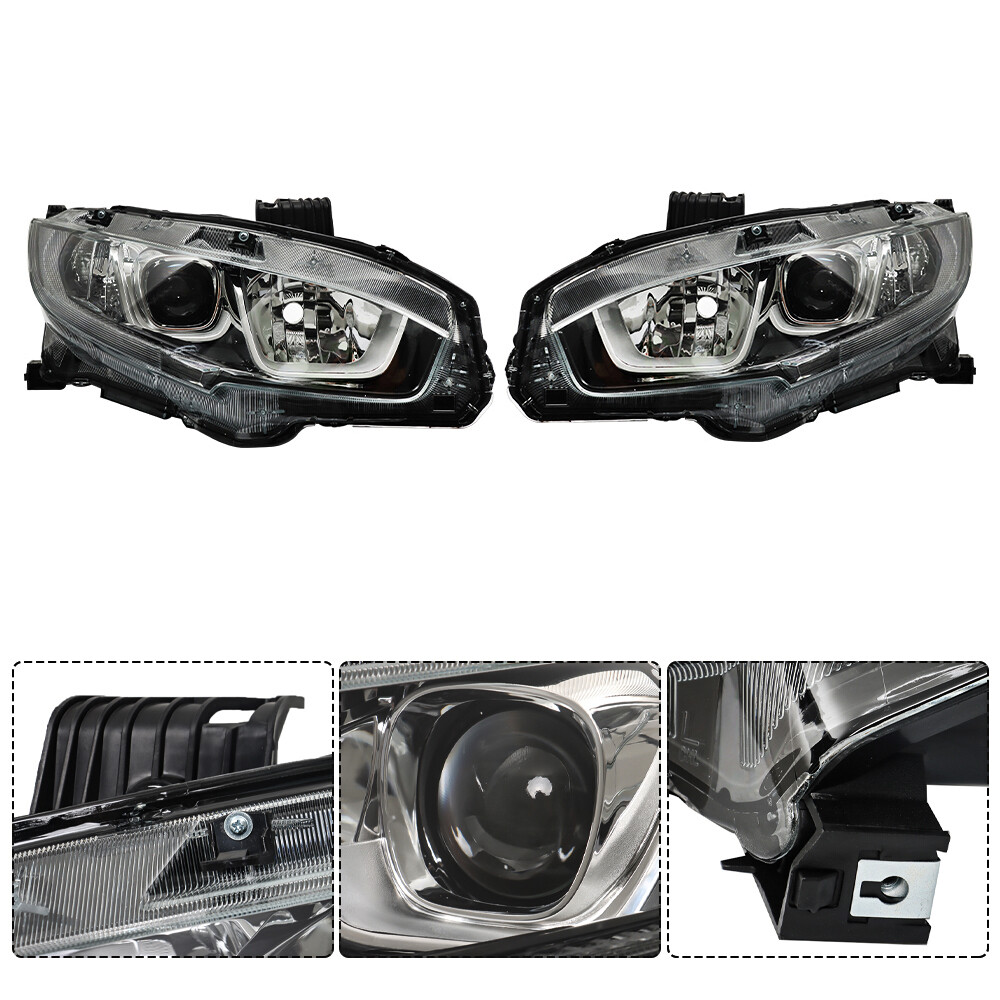 Left+Right For 2016-2020 Honda Civic Halogen Projector Headlights Headlamp Clear
