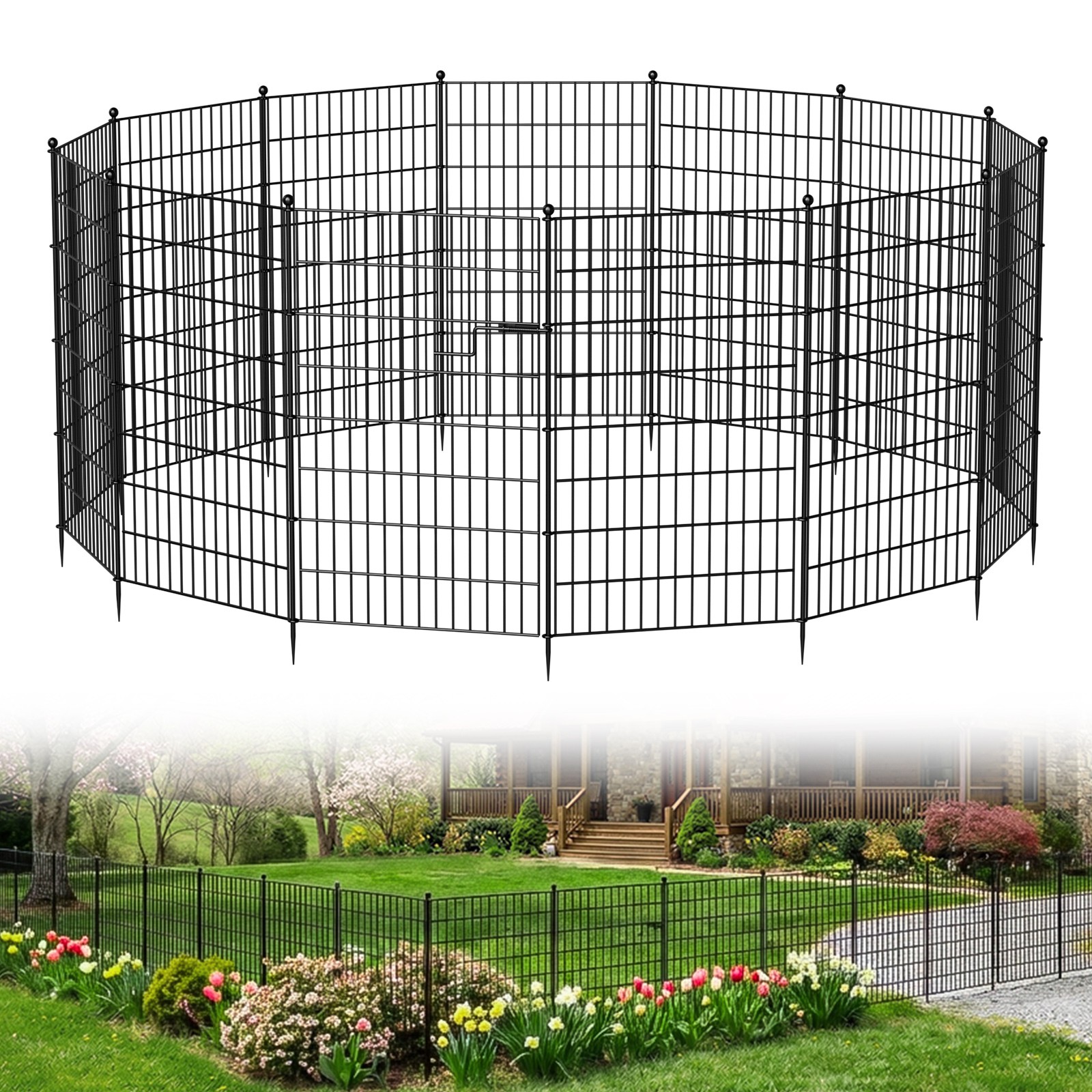 No Dig Decorative Garden Fence with Gate - 7/13 Panels, 40in H, Rustproof Metal