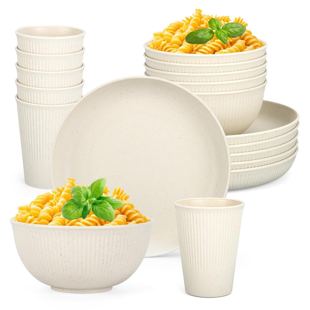 18PCS Wheat Straw Dinnerware Sets Unbreakable Reusable Set Beige