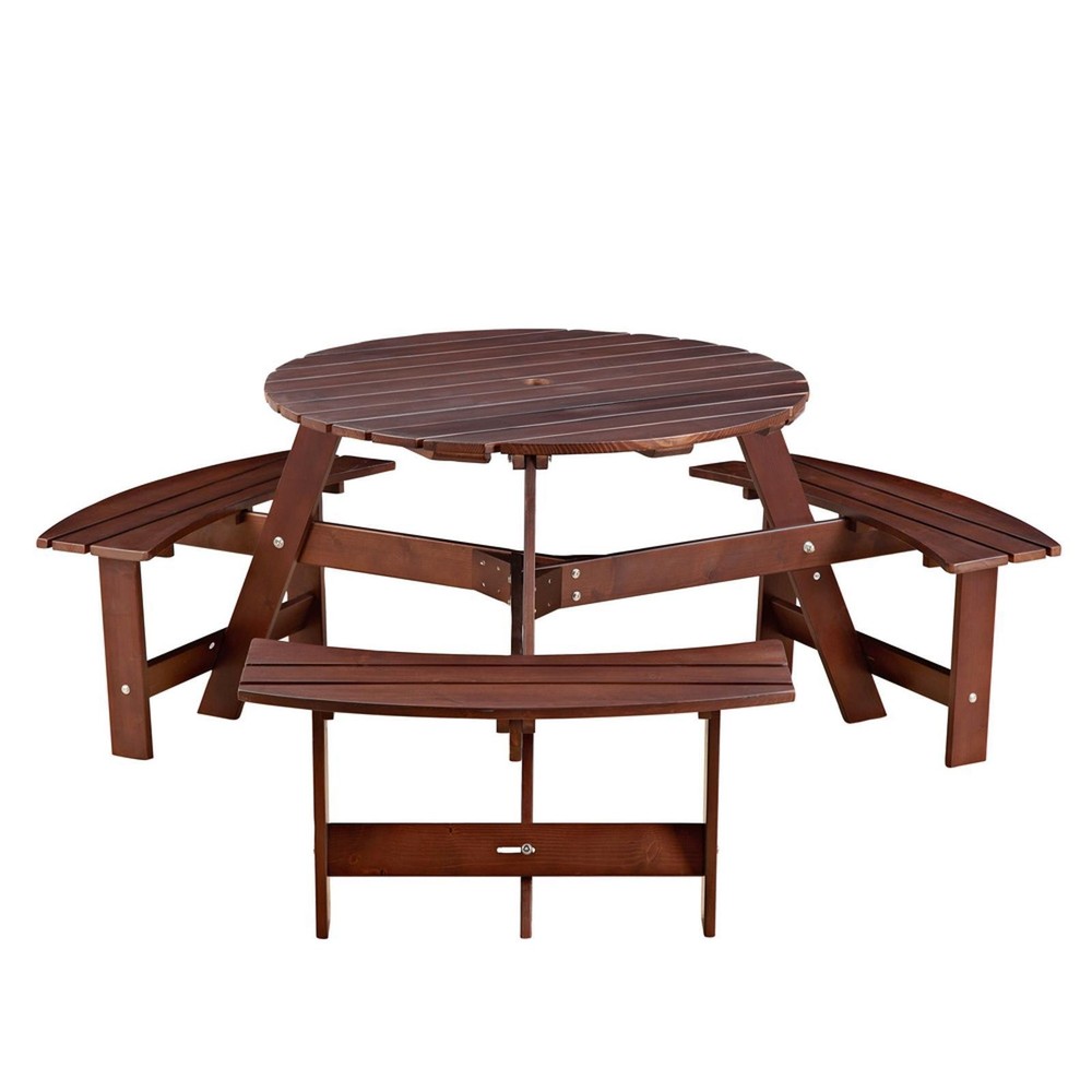 Rustic Round Picnic Table with 3 Built-In Benches, Seating for 6, Weatherproof