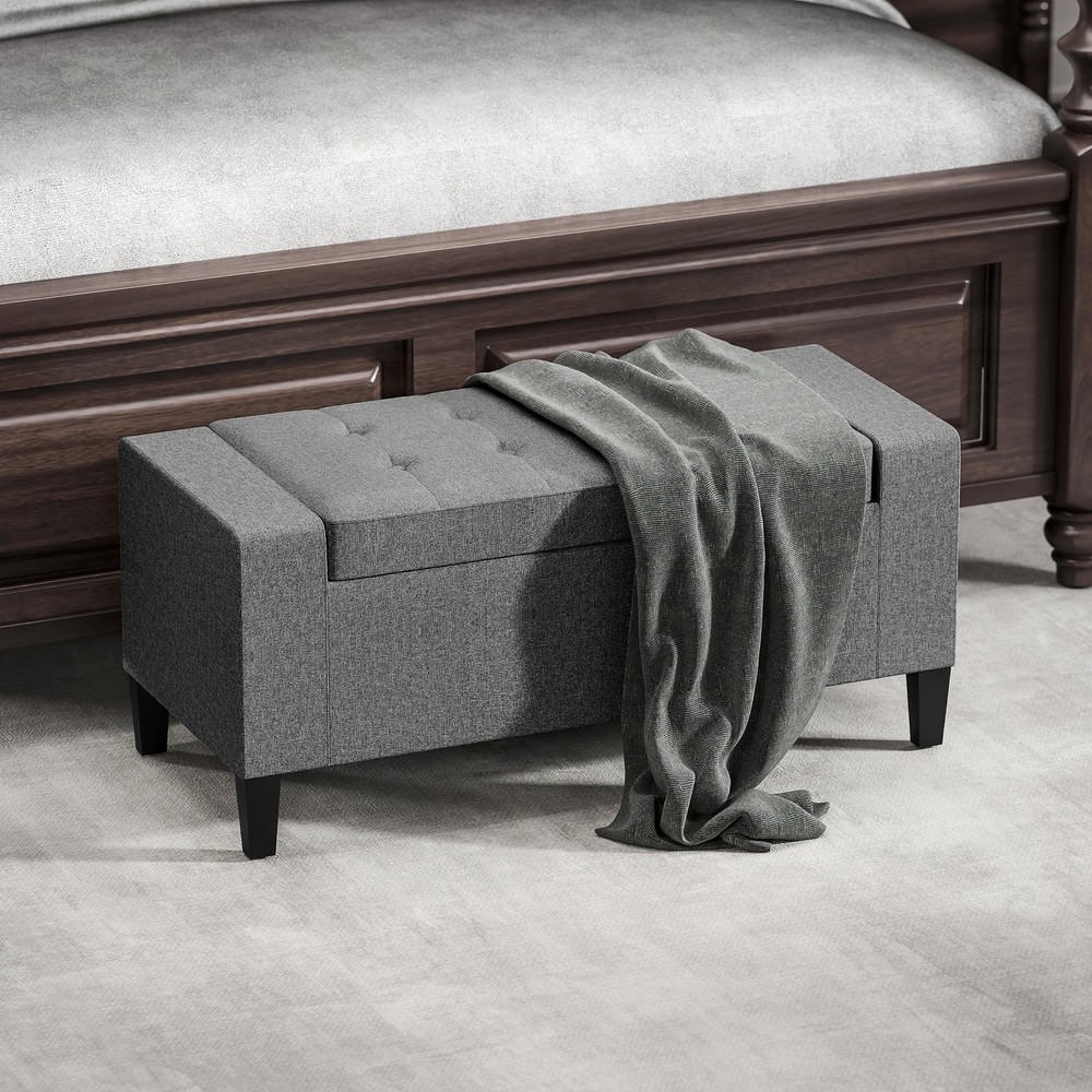 Rectangular Tufted Linen Storage Ottoman Bench with Flipping Top Gray