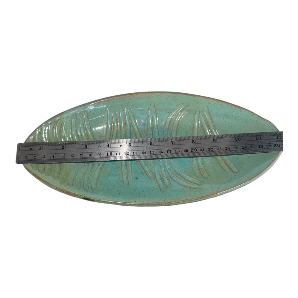 YMCA Ceramic Dish Serving Tray Teal Green Handcrafted Glaze Signed