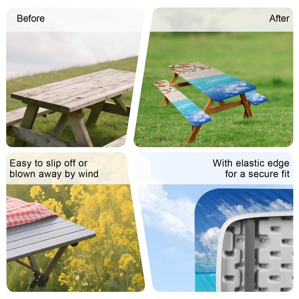 Fitted Picnic Table Cover with Bench Covers 3PCS – Waterproof Windproof Campi...