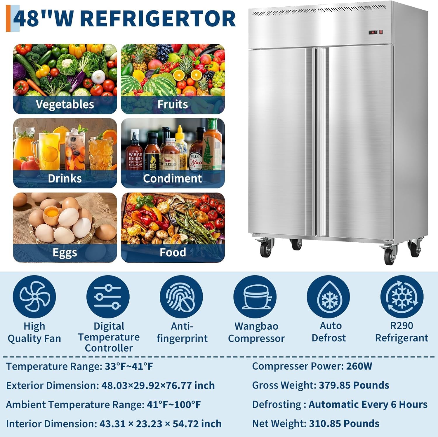 48" Premium Commercial Reach-In Refrigerator Two Door Stainless Steel