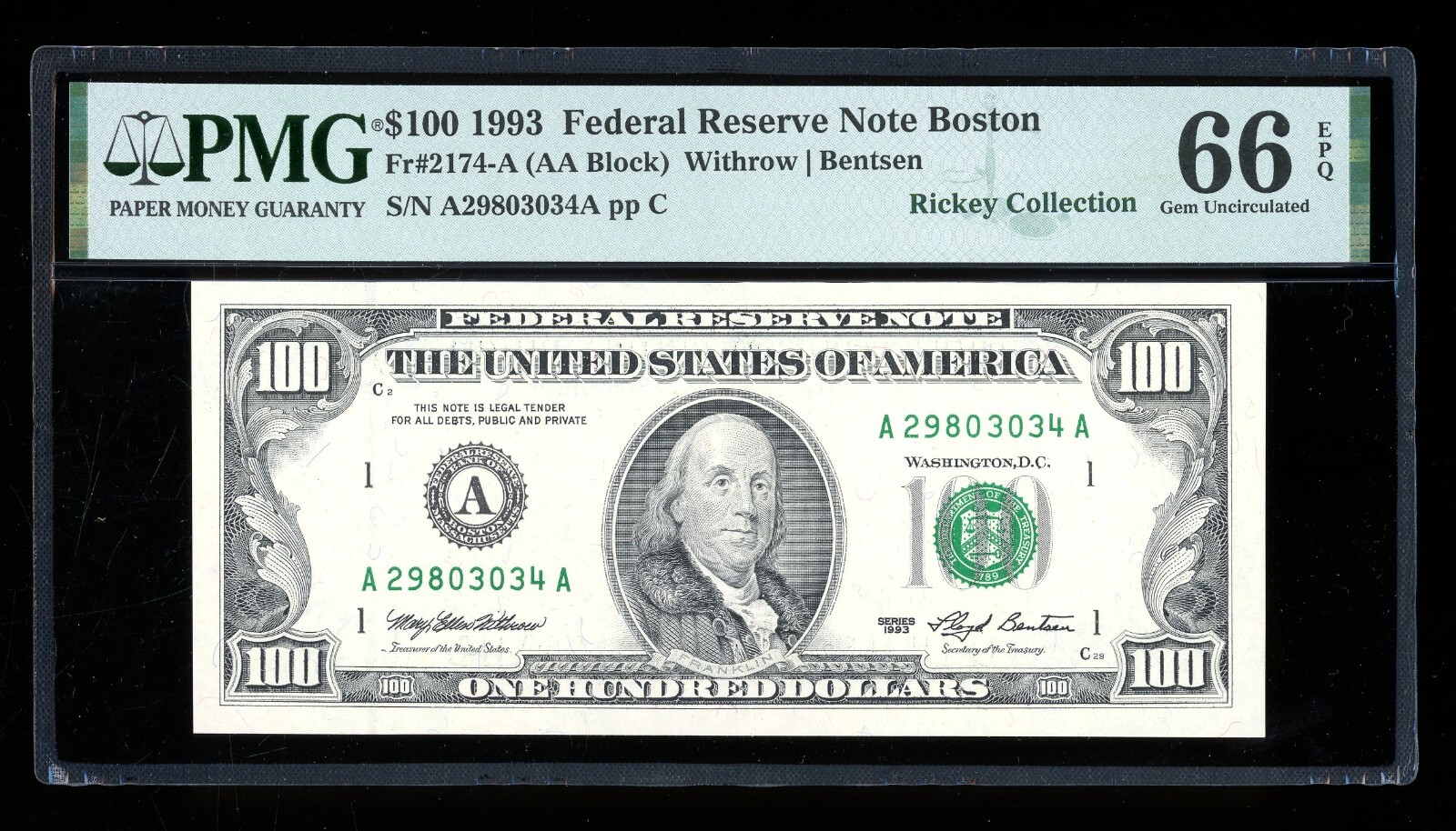 DBR 1993 $100 FRN Boston Gem Fr. 2174-A PMG 66 EPQ Serial A29803034A