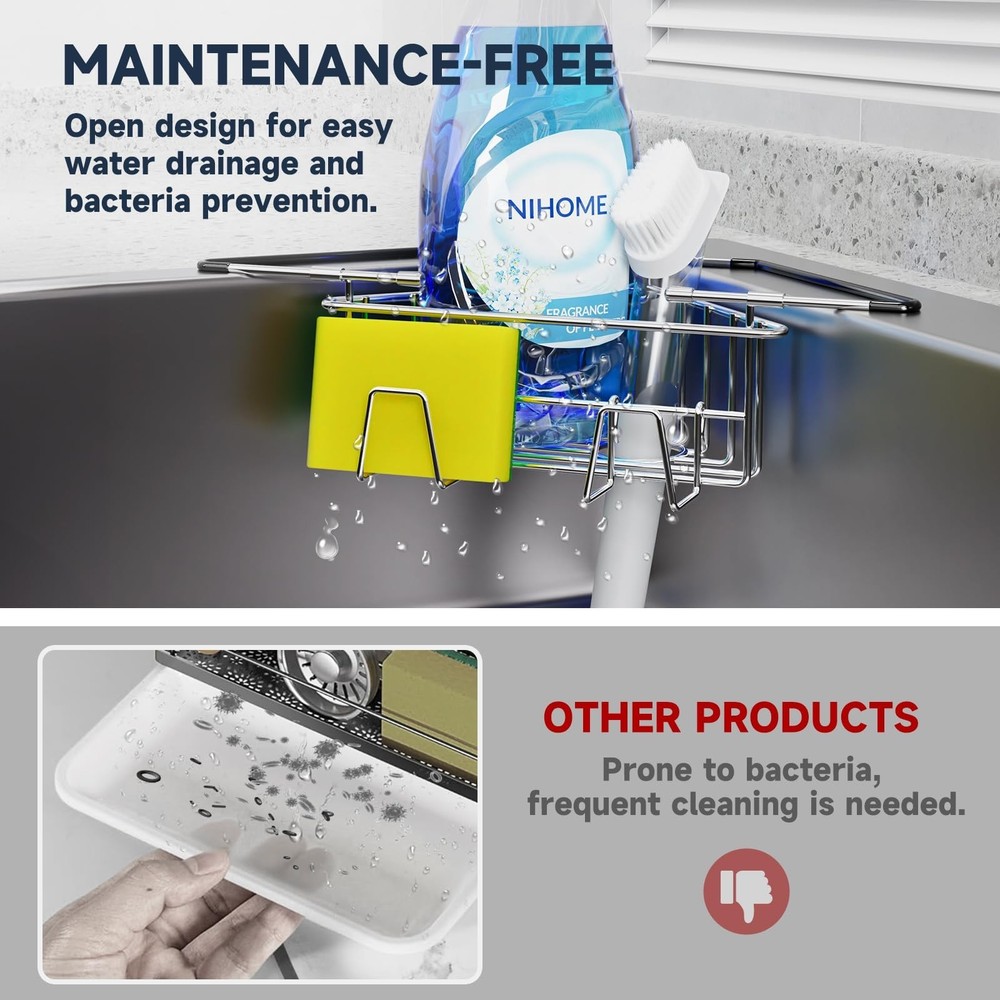 NiHome Extendable Arm Stainless Steel Kitchen Sink Corner Caddy, Easy Install...