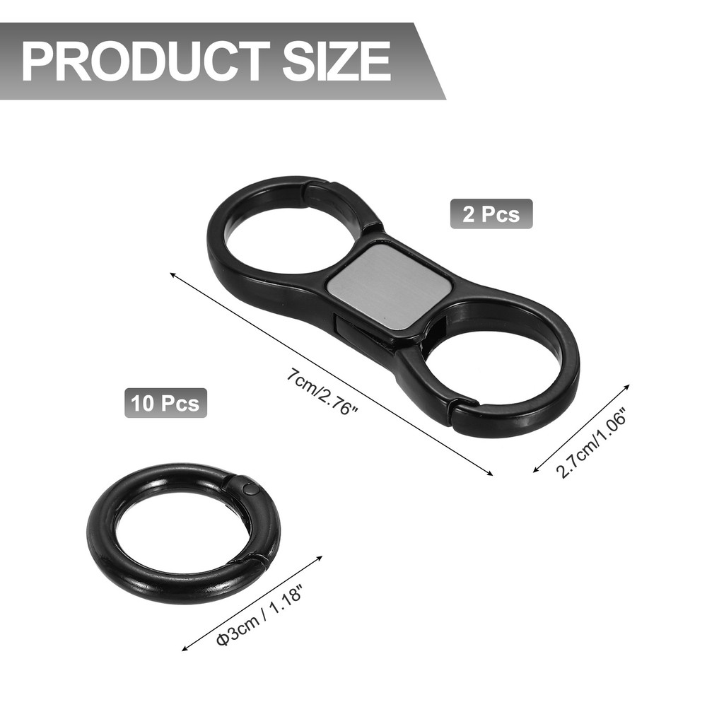 2 Pcs Quick Release Keychain, Keychain with 10 Round Clips, Black