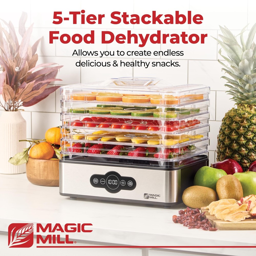 Magic Mill Food Dehydrator Machine | 5 Stackable 1 Count (Pack of 1), silver