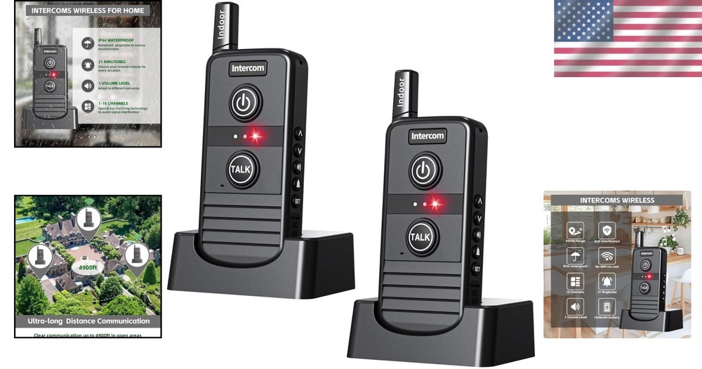 Wireless Home Intercom System 2 Pack Long Range 4900ft Waterproof Office House