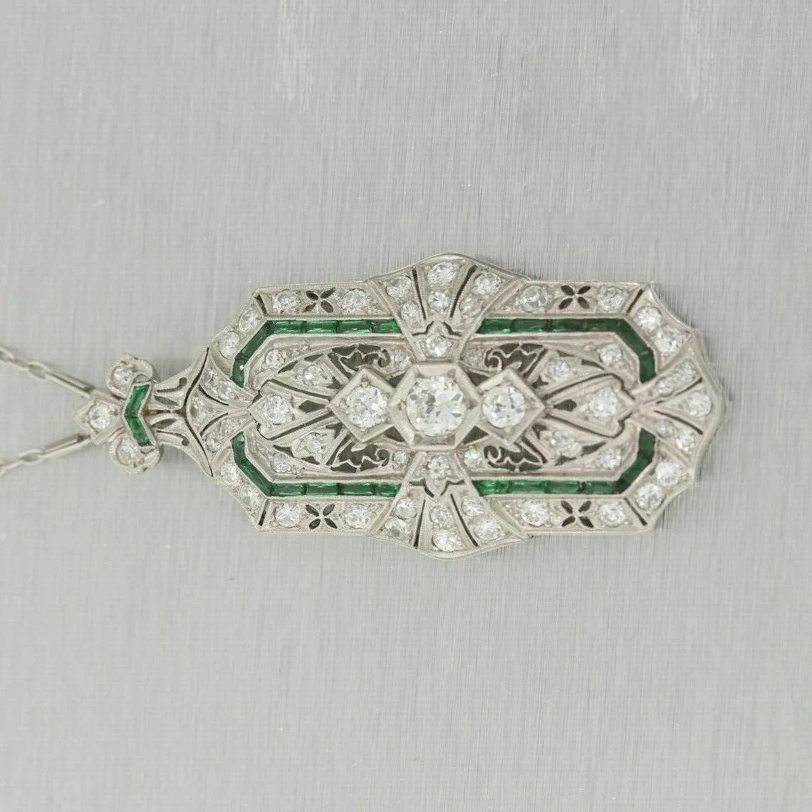 2.95Ct Art Deco Style Diamond & Emerald Enagagement Wedding 925 Silver Pendant