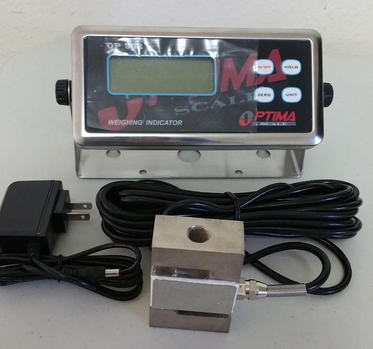 Compression Scale 1000X0.1 lb S Type load cell / OP Indicator,20' Cable,Cert,New