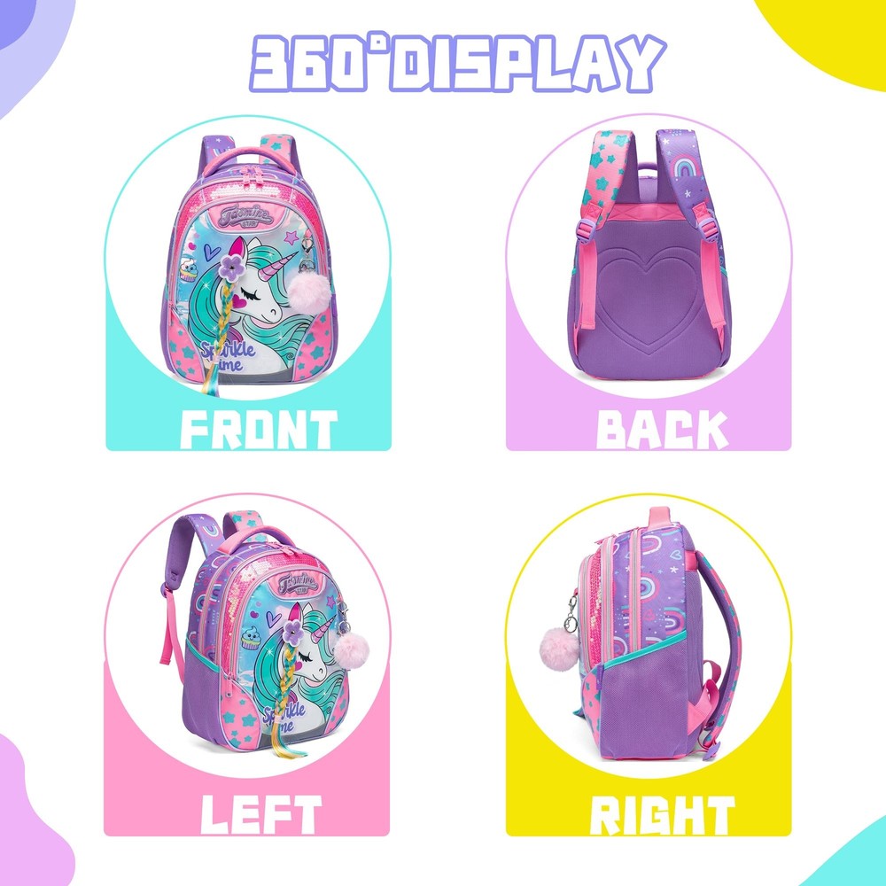 Girls School Backpack 16 Inch Sequin Bag Lunch Box Elementary Students