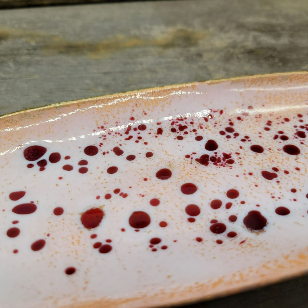 Handmade Enamel on Copper Rectangular Dish Pink With Red & Gold Speckles
