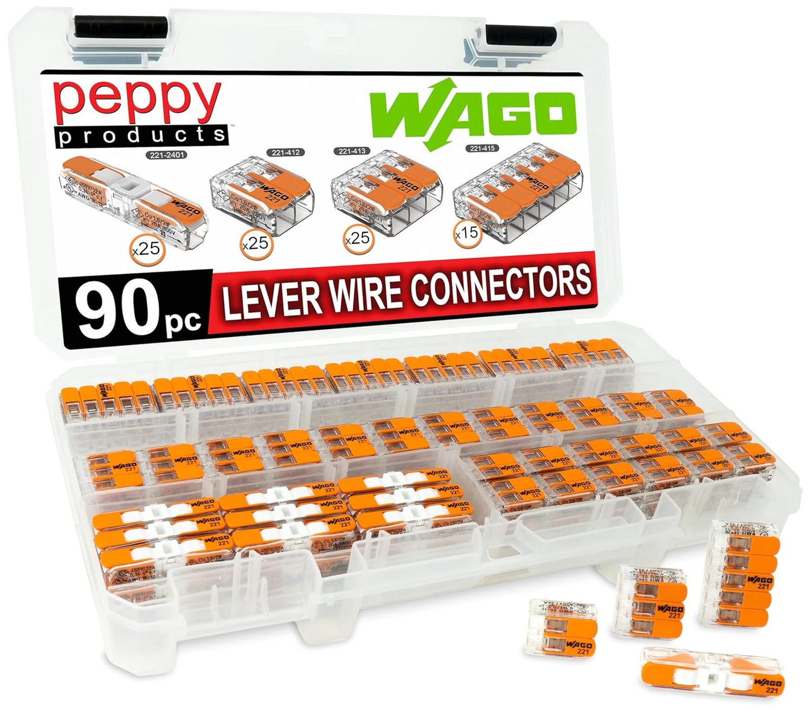 WAGO 221 Lever Nuts 90pc Compact Splicing Wire Connector Assortment with Case
