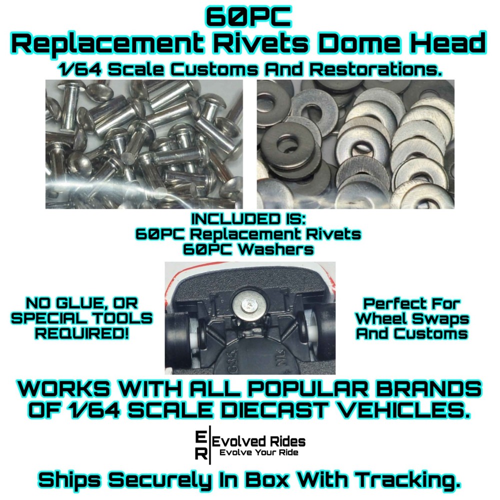 60PC Dome Replacement Rivet For 1/64 Scale Custom Restoration Hot Wheel & Other