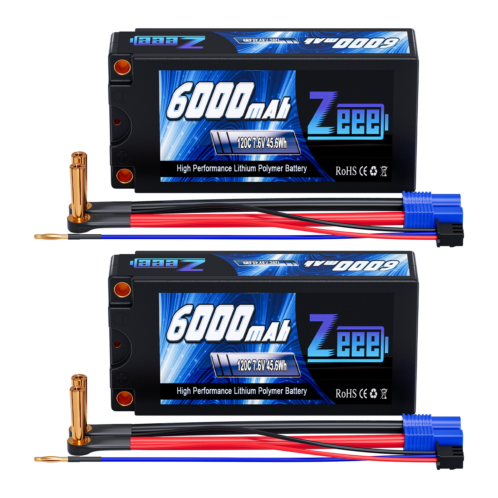 2x Zeee 2S Shorty Lipo Battery 6000mAh 7.6V 120C 5mm Bullet to EC3 High Voltage