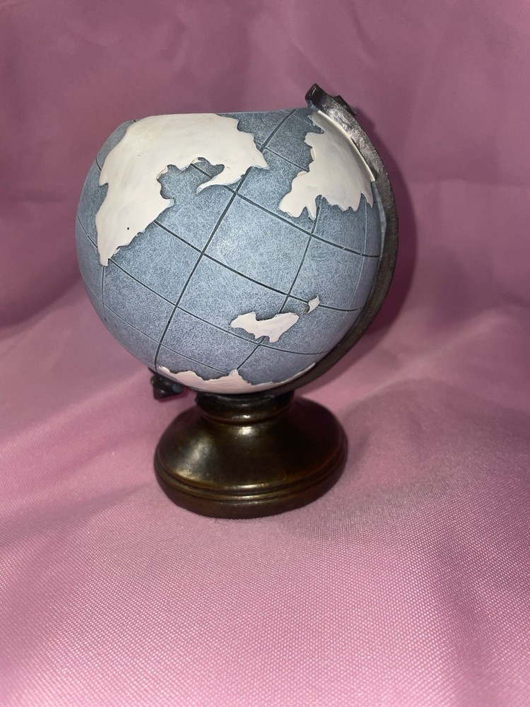 Decorative Small Blue and White Rotating Tabletop Globe with Metallic Base