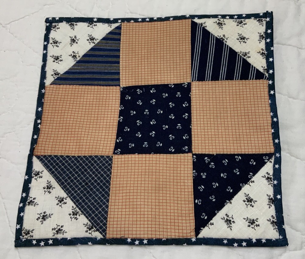Antique Vintage Patchwork Quilt Table Topper, Nine Patch With Triangles, Navy